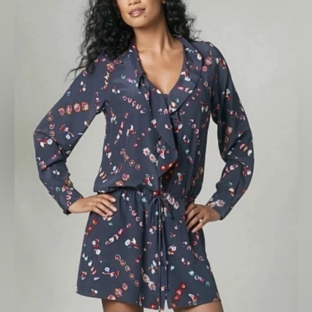 Rebecca Taylor Silk Shirt Floral Gray Long Sleeve Drawstring Button Dress Sz 12